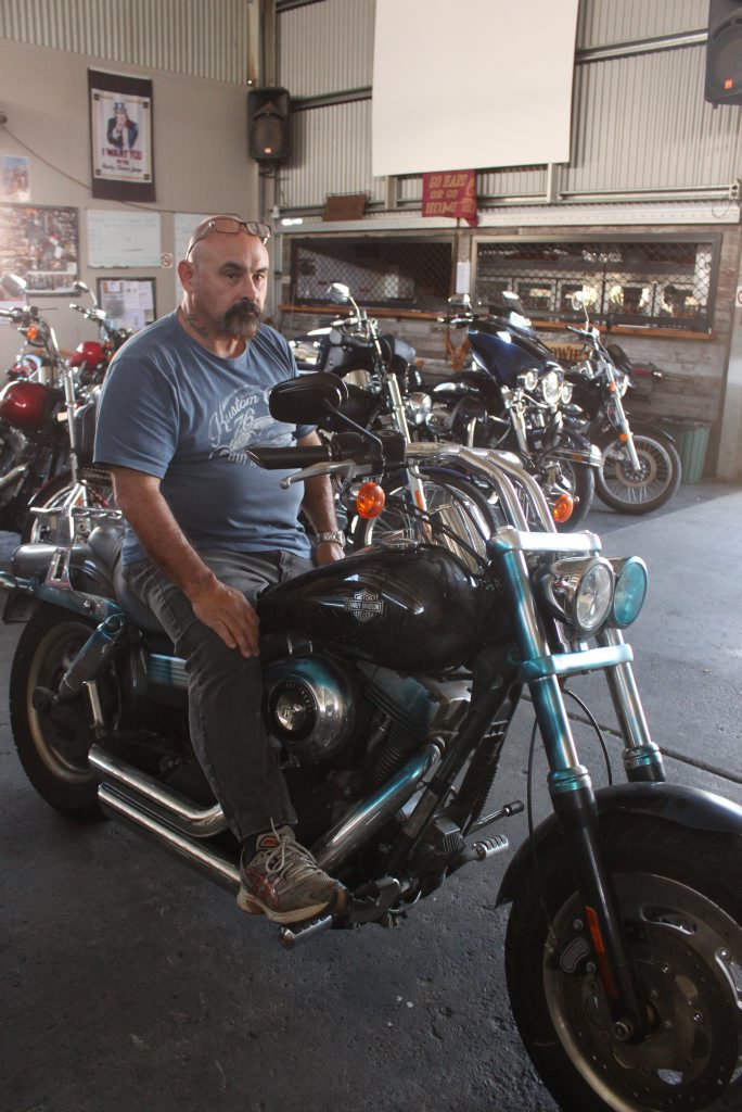 Terry Thomas puts on an unhappy face after brazen vandals damaged his Harley motorbike. Photo Austin King / Morning Bulletin Terry Thomas puts on an unhappy face after brazen vandals damaged his Harley motorbike. Photo Austin King / Morning Bulletin